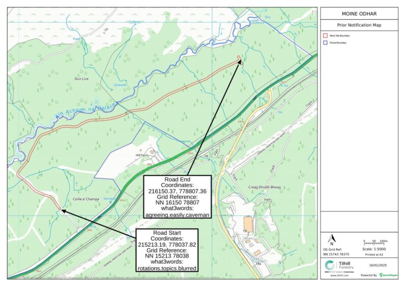 Map showing proposed new forestry road at Torlundy. 