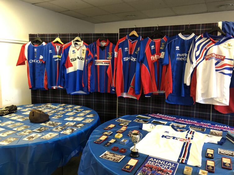 Some of the items (such as ICTFC football shirts, match programmes, trophies, medals and photos) on display for people attending the most recent Football Memories Scotland event at the Caledonian Stadium, Inverness.