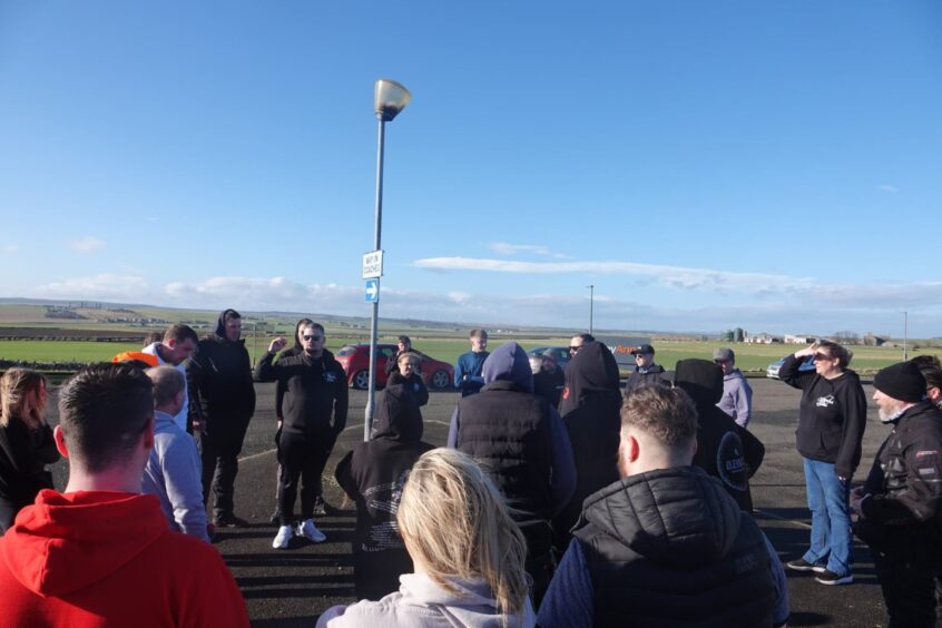 The group of drivers who gathered in Wick to pay tribute to Kaden Askew. 