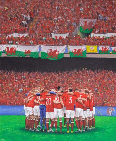 This painting by Owain Fon Williams, showing the Welsh squad on the park the the Euro finals in 2016 is called "Forever Stronger Together".  owainfonwilliams.com