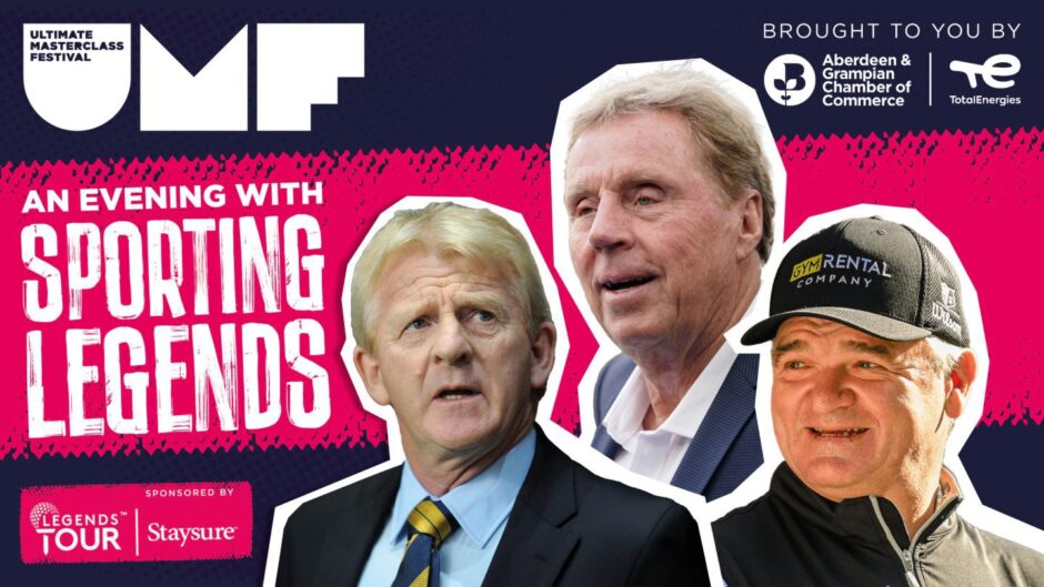 An Evening with Sporting Legends poster featuring Harry Redknapp, Gordon Strachan and Paul Lawrie