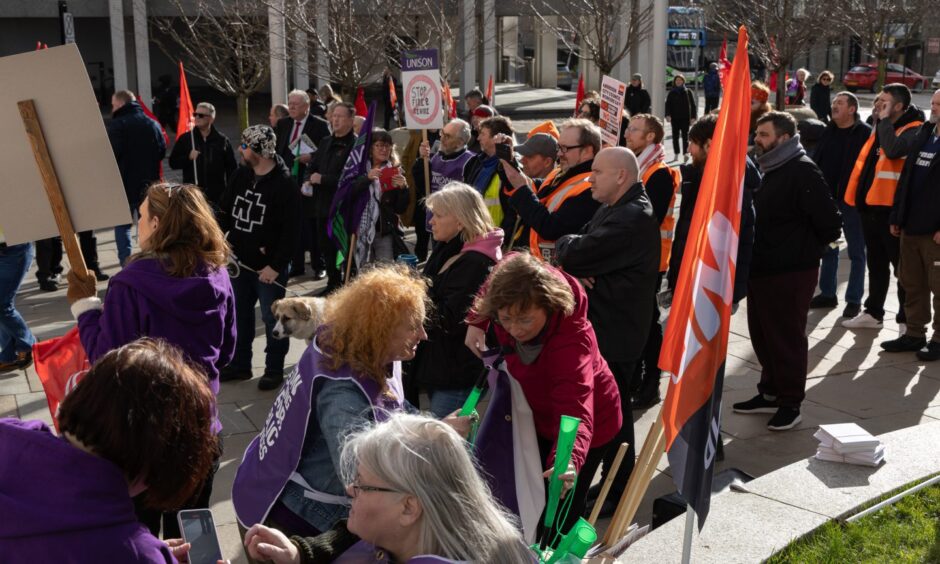 Union members protesting outside the town house in February. Image: Ethan Williams 