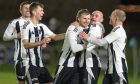 Aidan Sopel, third from right, is mobbed my his Fraserburgh team-mates after scoring against Keith. Picture by Jasperimage.