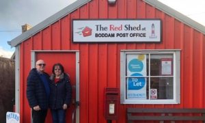 Rita and Stan Cordiner outside Boddam Post Office