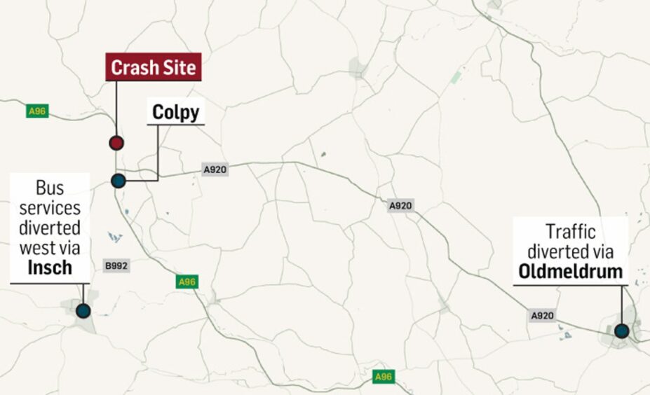 Map showing the crash site at Colpy with Oldmeldrum signposted in the west and Insh in the east.