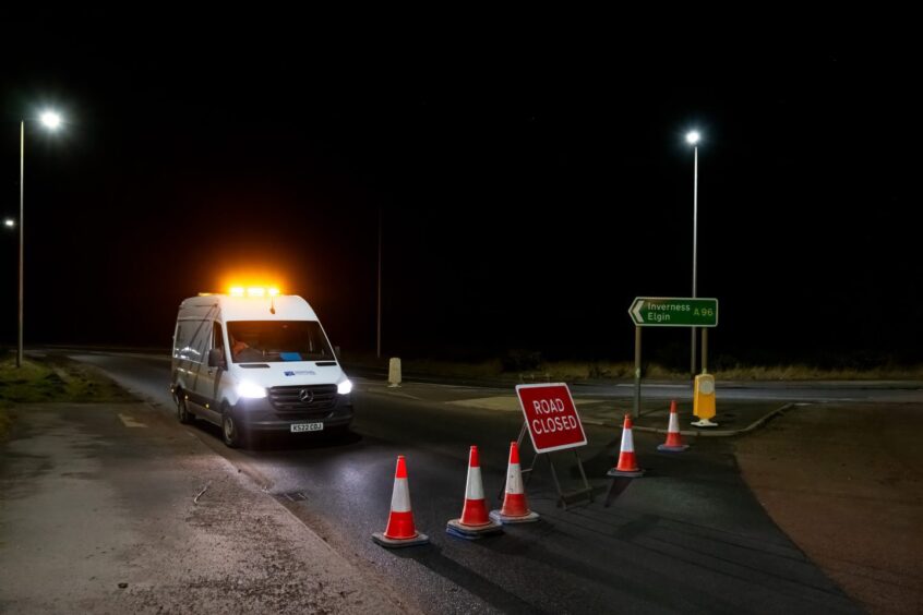 Police vehicle blocking off part of the A96 at Elgin. 