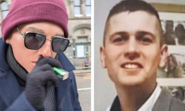 John Taylor, right, donned a latex mask to hide his face as he left Aberdeen Sheriff Court. Image: DC Thomson.