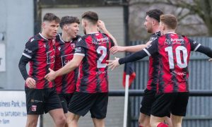 Jay Halliday, second from left, celebrates scoring with his Inverurie Locos team-mates against Formartine United.