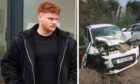 Josh Haggath, left, has been banned from the road. Right, Kelly Buchan's vehicle following the crash. Image: DC Thomson/Supplied