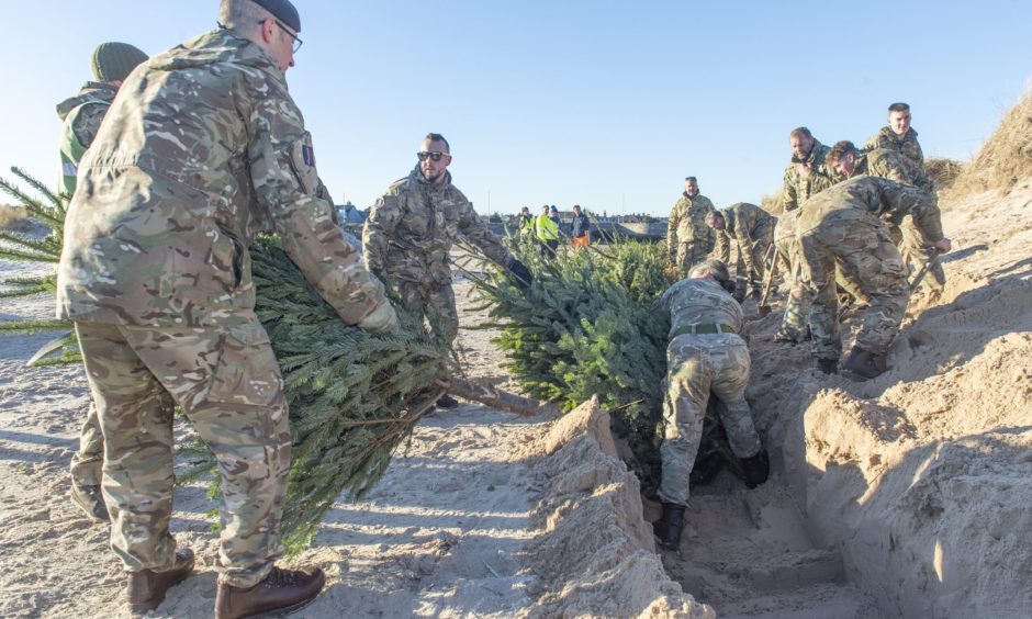 RAF Lossiemouth personnel put trees in trench. 