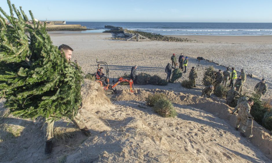 Christmas trees and RAF personnel on Lossiemouth beach. 