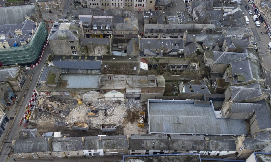 Drone image of demolition in Elgin. 