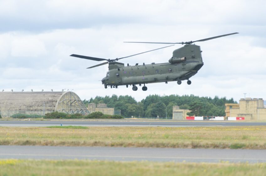 A Chinook helicopter just above the ground at Leuchars station, Fife.