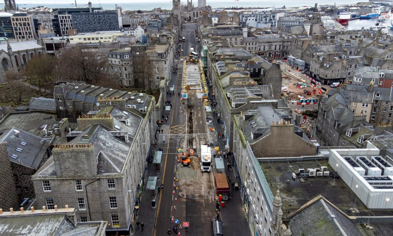 A drone image of the works on Union Street, Aberdeen, where thousands of cruise ship tourists will descend this summer.