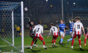 A header from Banks o' Dee's Jevan Anderson (number three) breaks the deadlock in the Highland League game against Formartine United. Photo by Kenny Elrick/DC Thomson.