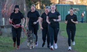 Alana Newcombe and her colleagues from the Inverurie Community Maternity Unit. From left, Vlada Begg, Luna the dog, Helen Lovelady, Carol Wells, Holly Watt and Alana Newcombe. Image: Kath Flannery/DC Thomson