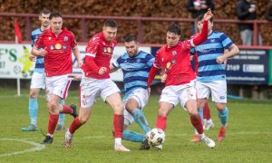 Banks o' Dee's Kane Winton, centre challenging Brechin's Spencer Moreland, right, and Lewis Martin, second from left (in red). Photos by Kath Flannery/DC Thomson