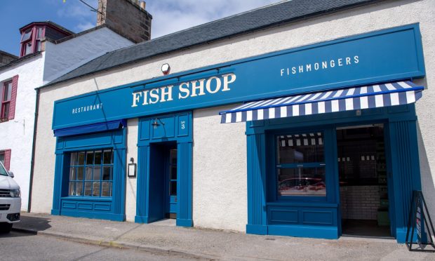 Blue and white facade of the Fish Shop restaurant in Ballater.