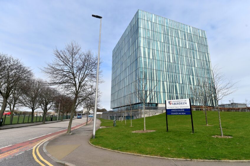 View of the tall glass building which forms Aberdeen University Campus, Aberdeen 