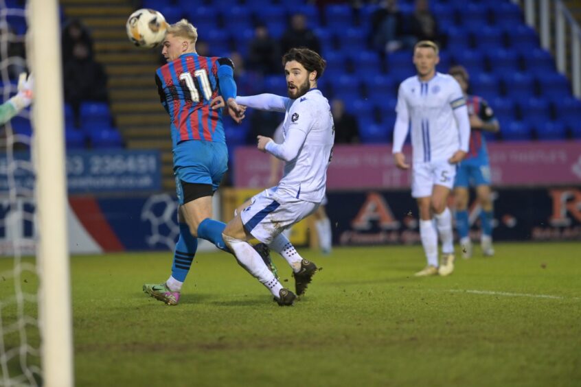 Inverness Caledonian Thistle winger Luis Longstaff glances a header goalwards in his team 1-0 win against Queen of the South in SPFL League One at the Caledonian Stadium, Inverness, on Saturday, February 1, 2025.