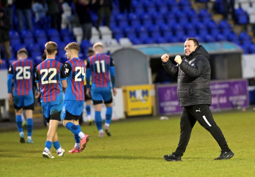 Inverness Caledonian Thistle head caoch Scott Kellacher celebrates the weekend's 1-0 League One win over Queen of the South at the Caledonian Stadium, Inverness. Image: Sandy McCook/DC Thomson