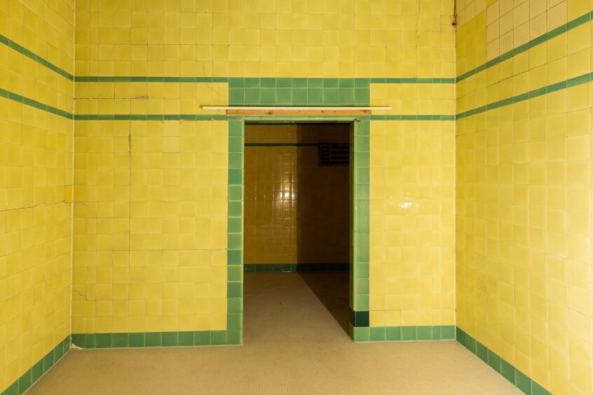 Yellow and green tiles in Turkish baths at Bon Accord Baths