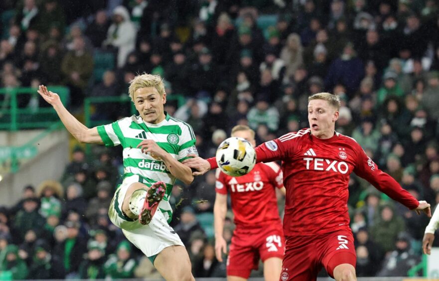 Celtic's Daizen Maeda scores his side's opener against Aberdeen. Image: PA.