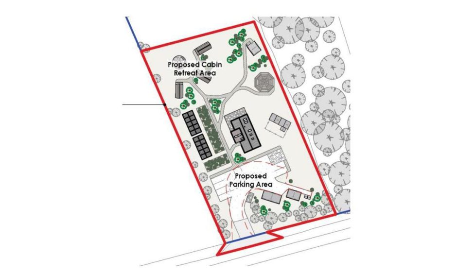 Plans showing the layout of a wellness retreat with eco-pods, parking and a caretakers house.