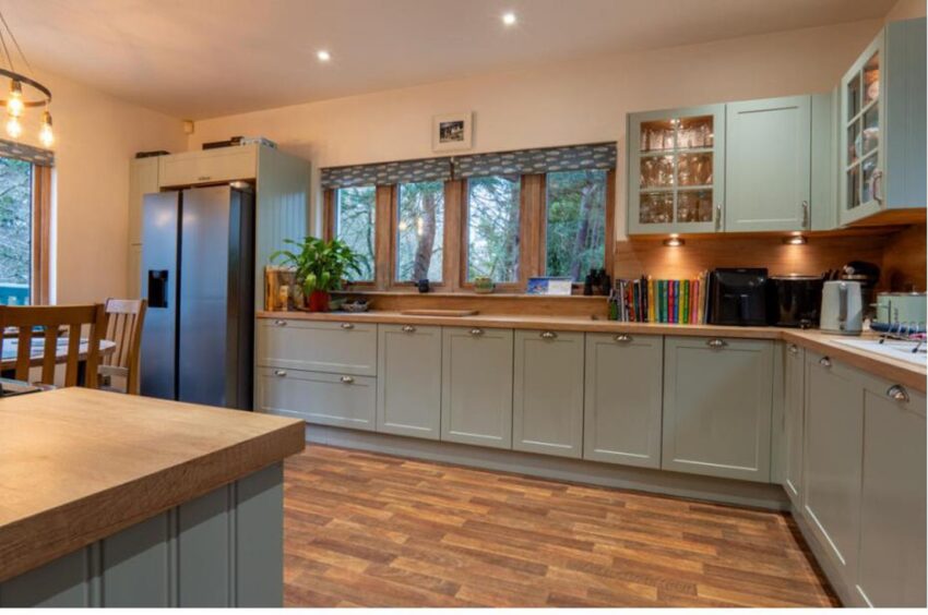 The green cabinets and wooden worktops blend nicely with the hardwood floors