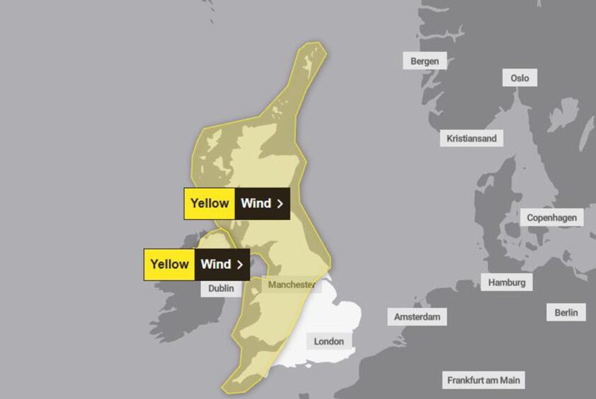 Map showing wind warning area for Sunday