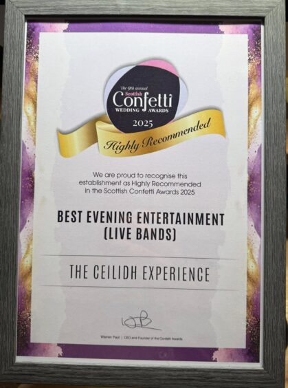 Framed certificate for the Best Evening Entertainment (Live Bands) award at the Confetti Wedding Awards 2025.