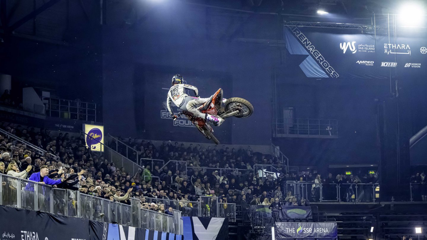 The Arenacross Tour freestylers jump more than 40ft in the air across 100ft. Image supplied by The Arenacross Tour