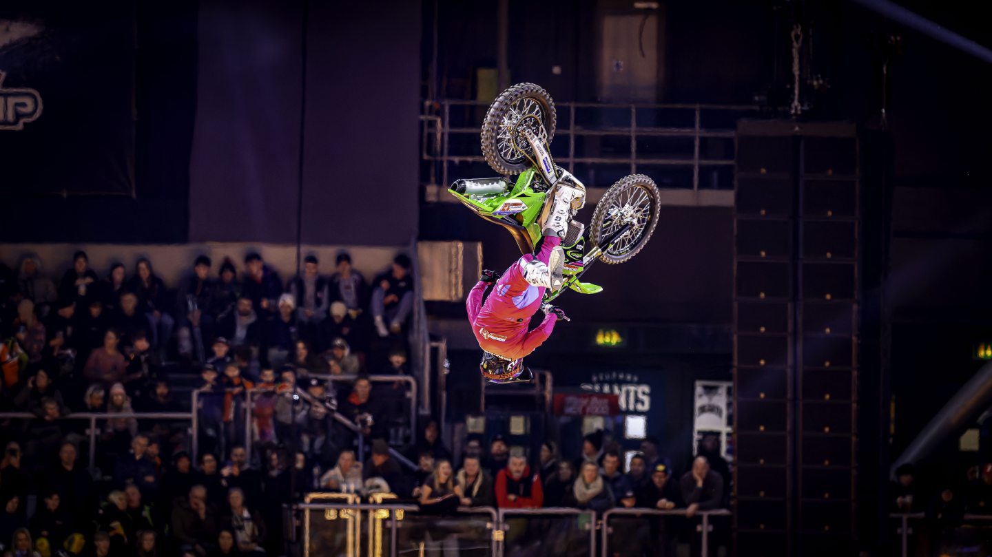 The Arenacross Tour freestylers completed gravity defying action. Image supplied by The Arenacross Tour.