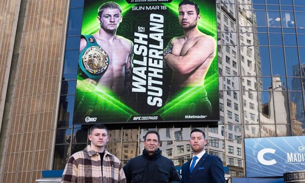 Defending WBC Continental Americas super-welterweight champion Callum Walsh (left) with Aberdeen boxer Dean Sutherland at Madison Square Garden, New York. Image supplied by Dean Sutherland