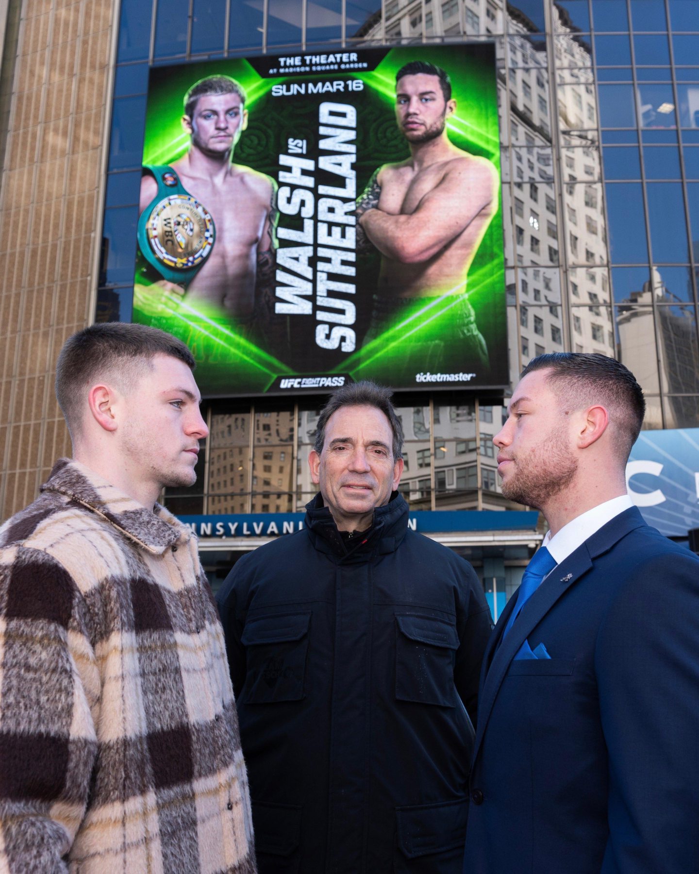 Defending WBC Continental Americas super-welterweight champion Callum Walsh (left) with Aberdeen boxer Dean Sutherland at Madison Square Garden, New York Image supplied by Dean Sutherland