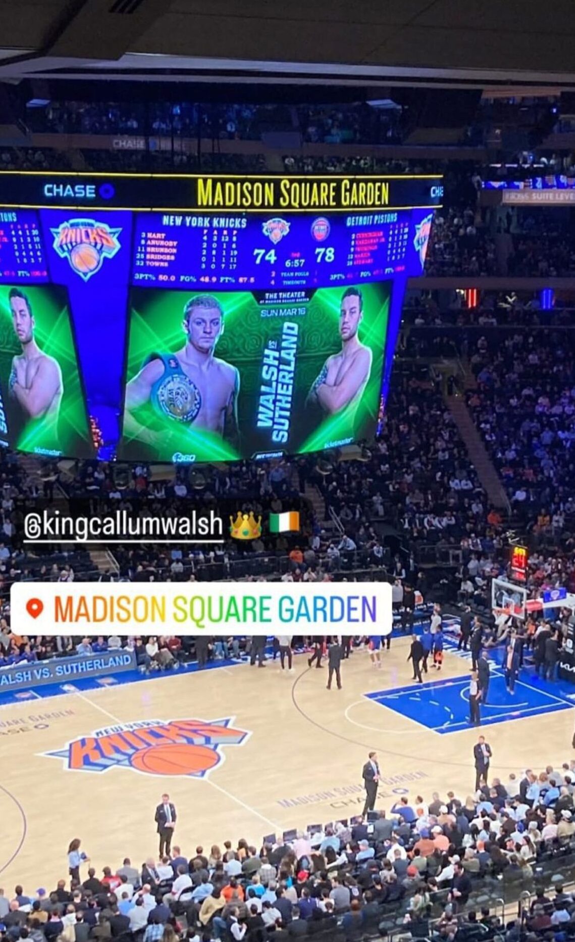 Dean Sutherland v Callum Walsh title fight advertised at a New York Nicks game. Image by @kingcallumwalsh