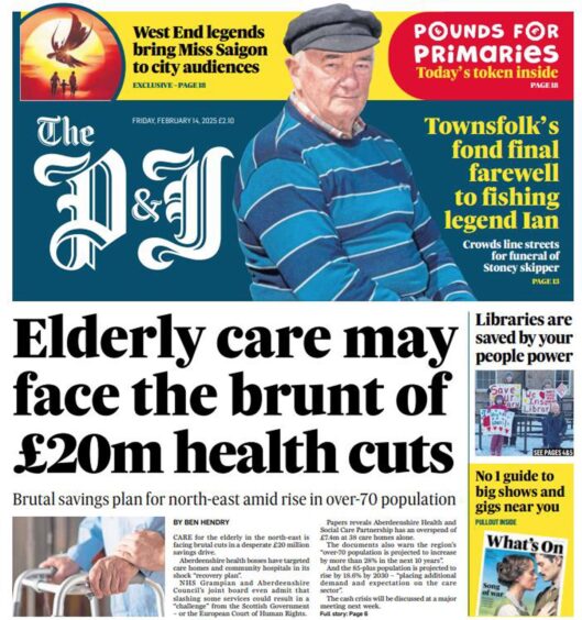 The front page of The Press and Journal on February 14, when the healthcare cuts were announced.