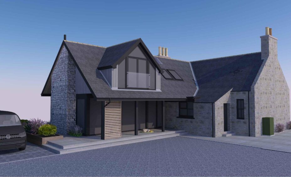 Artist's impression of Pitmedden Farmhouse with the proposed extension.