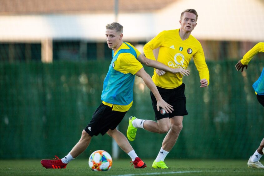 Mats Knoester and Sam Larsson of Feyenoord at training camp in Marbella, Spain, during his last season with the Dutch giants in January 2019. Image: Shutterstock.