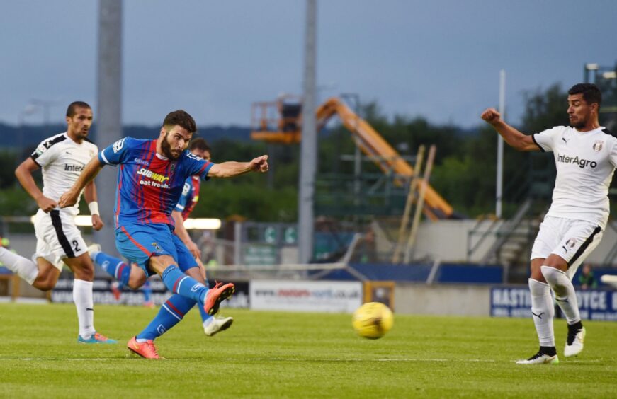 ICT's Dani Lopez comes close to scoring on his debut against Astra Giurgui in the club's Europa League debut at the Caledonian Stadium, Inverness, in July 2015. 