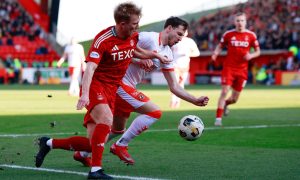 Aberdeen full-back Alexander Jensen during the 2-2 draw with Dundee United at Pittodrie. Image: Shutterstock