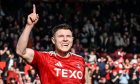 Aberdeen's Kevin Nisbet celebrates as he scores to make it 1-0 against Queen's Park in the Scottish Cup quarter-final at Pittodrie. Image; SNS