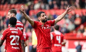 Aberdeen's Oday Dabbagh celebrates as he scores to make it 4-0 in the Scottish Cup quarter-final against Queen's Park. Image; SNS