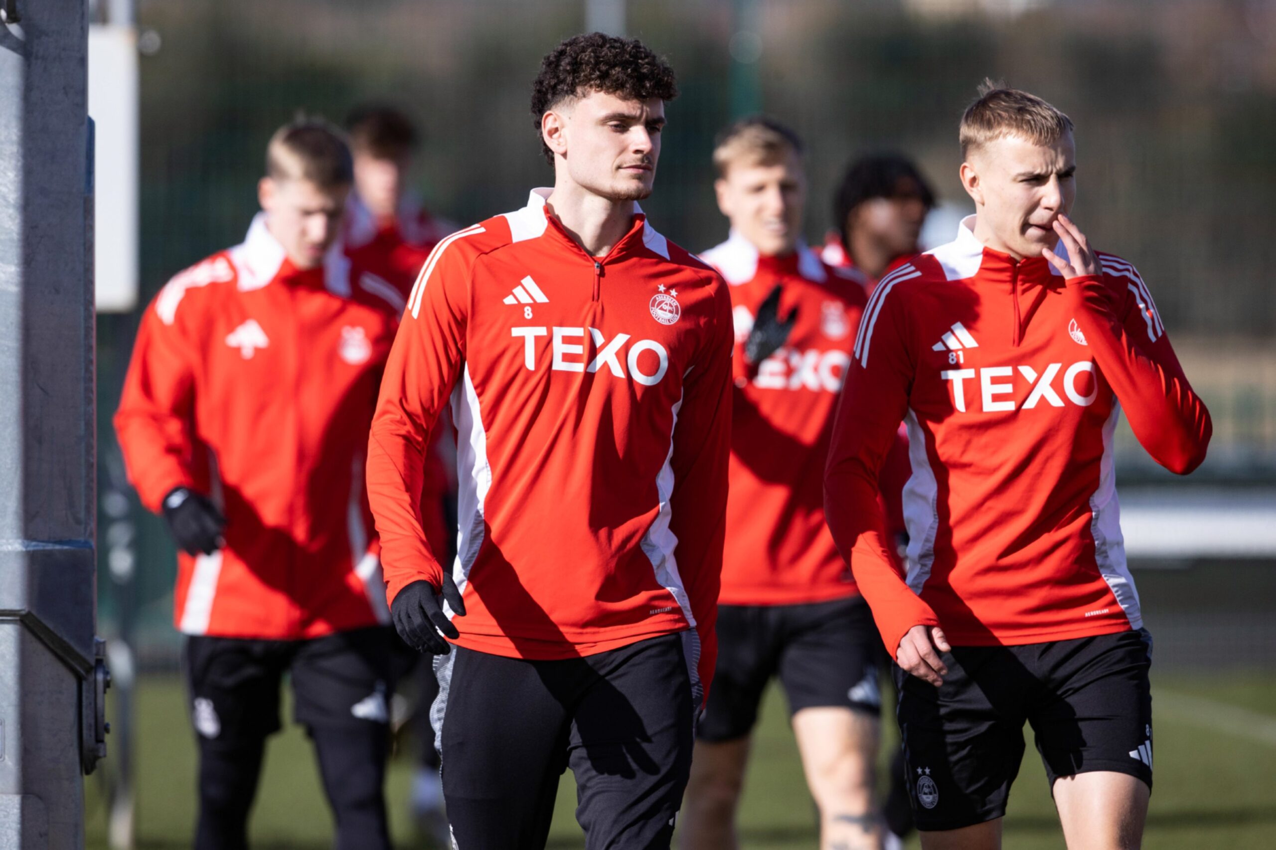 Dante Polvara (L) and Topi Keskinen during an Aberdeen training session at Cormack Park, on March 14. Image: SNS 