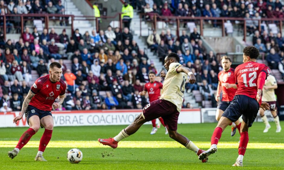 Hearts' Elton Kabangu scores to make it 1-0 against Ross County in the Scottish Premiership match at Tynecastle Stadium, Edinburgh, on March 15, 2025. 