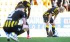 Aberdeen's Alexander Jensen (R) looks dejected at full-time after the 0-0 Premiership draw with St Johnstone in Perth. Image: SNS.