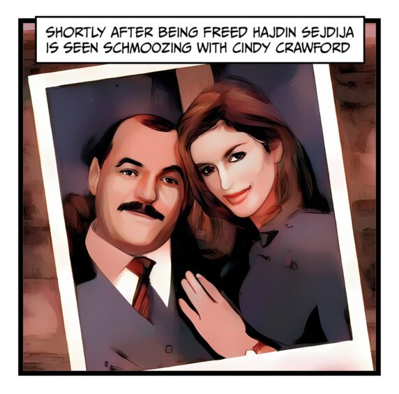 a cartoon drawing of Mr Sejdija and Cindy Crawford
