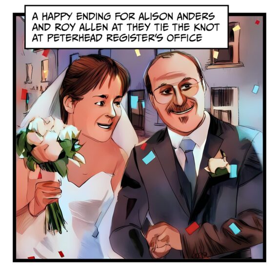 a cartoon drawing of Alison Anders and Roy Allen on their wedding day