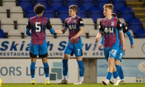 Inverness Caledonian Thistle midfielder Charlie Gilmour, second from left, is congratulated by Remi Savage after scoring the second goal in the 4-1 win over Stenhousemuir on March 11, 2025 at the Caledonian Stadium, Inverness.