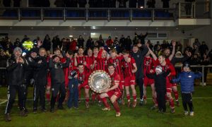 Fraserburgh's players and management celebrate with the Morrison Motors (Turriff) Aberdeenshire Shield after their victory against Formartine United. Photos by Jasperimage.